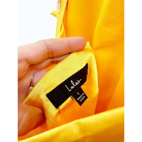 Lulus Yellow One Last Glance Satin Sleeveless Halter Tie Neck Maxi Dress Large - Picture 4 of 5